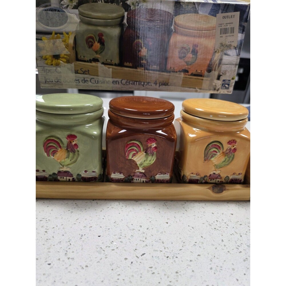 Vintage 3 piece Rooster Kitchen canister set with wooden stand